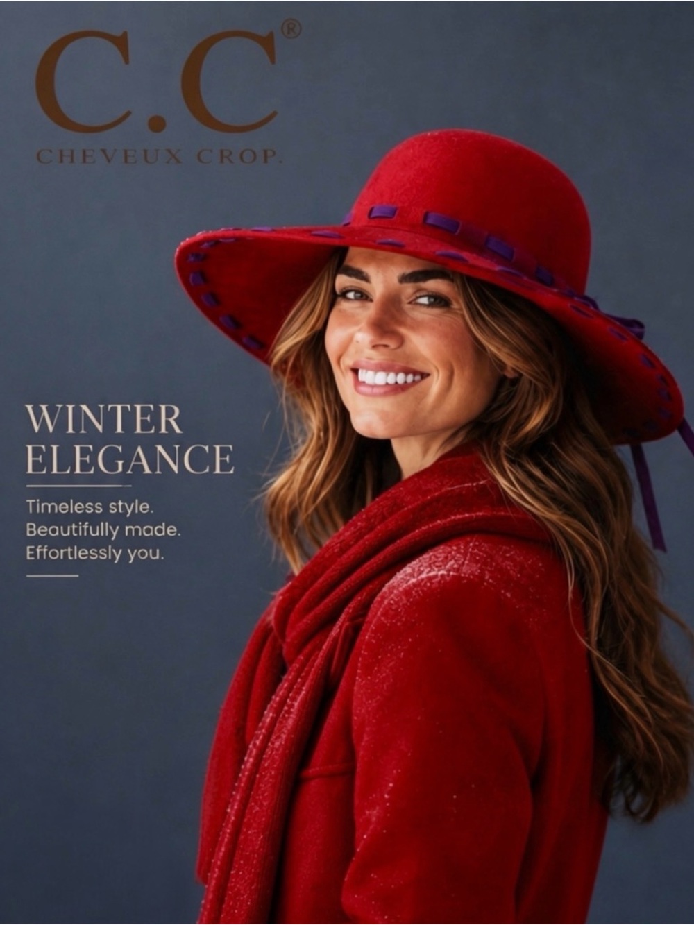 Cheveux Crop Red 100% Wool Wide Brim Hat Purple Bow Accent